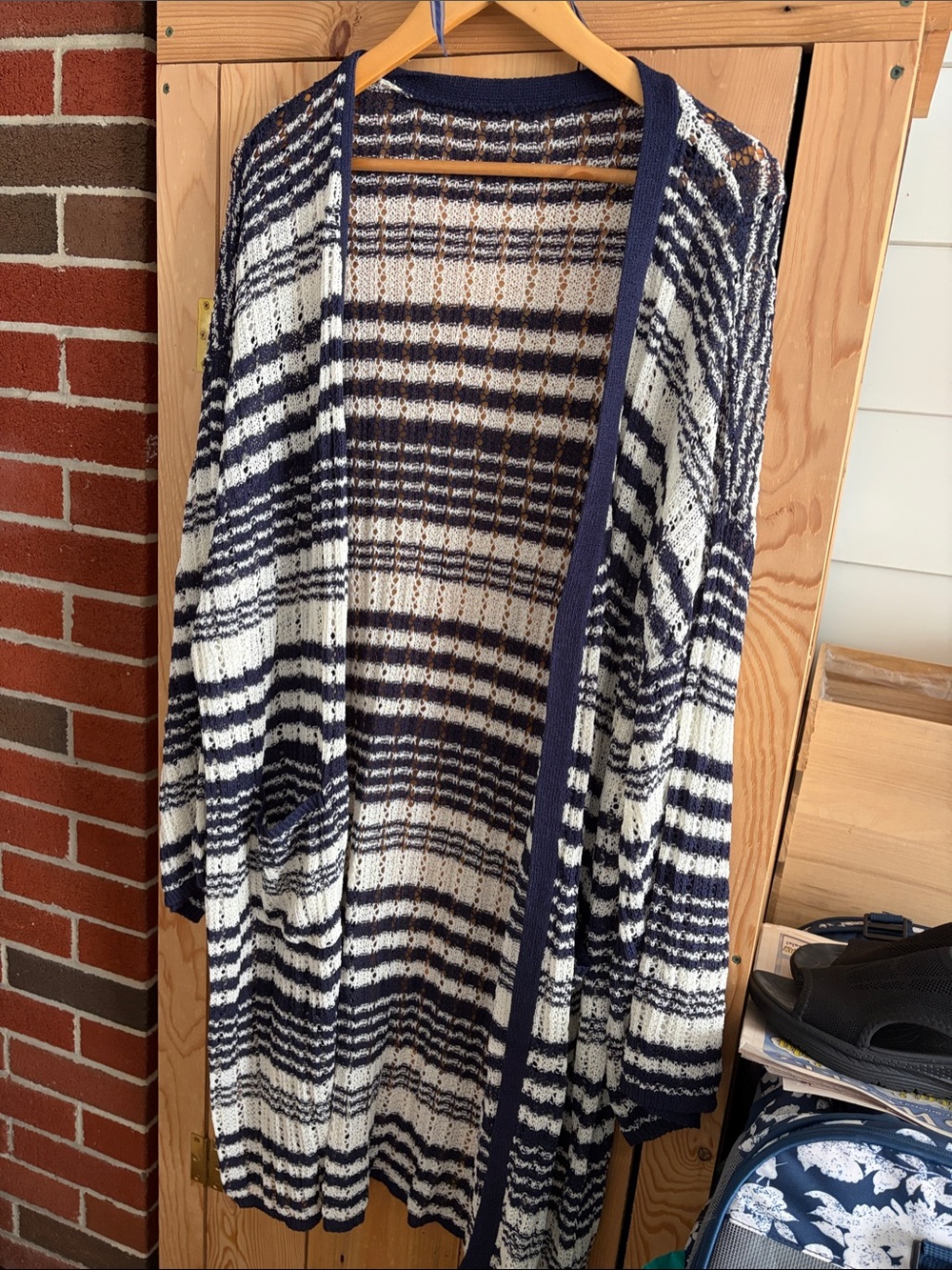 BloomChic Navy & White Striped Open-Front Knit Cardigan